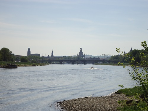 View towards the Elbe River and the Frauenkirche (Church of our Lady) in Dresden